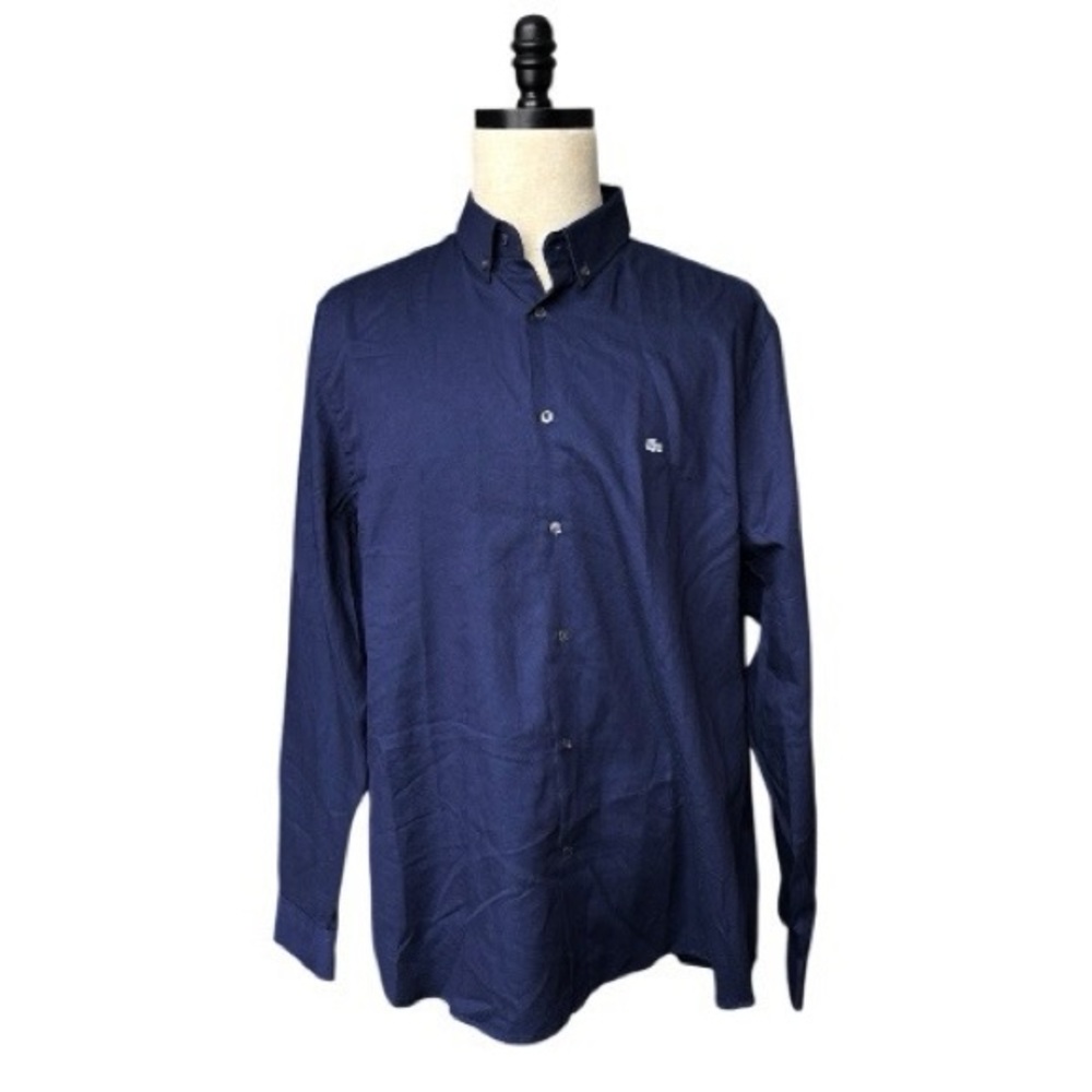 Lacoste classic fit navy blue button down collar long sleeve cotton shirt | XL